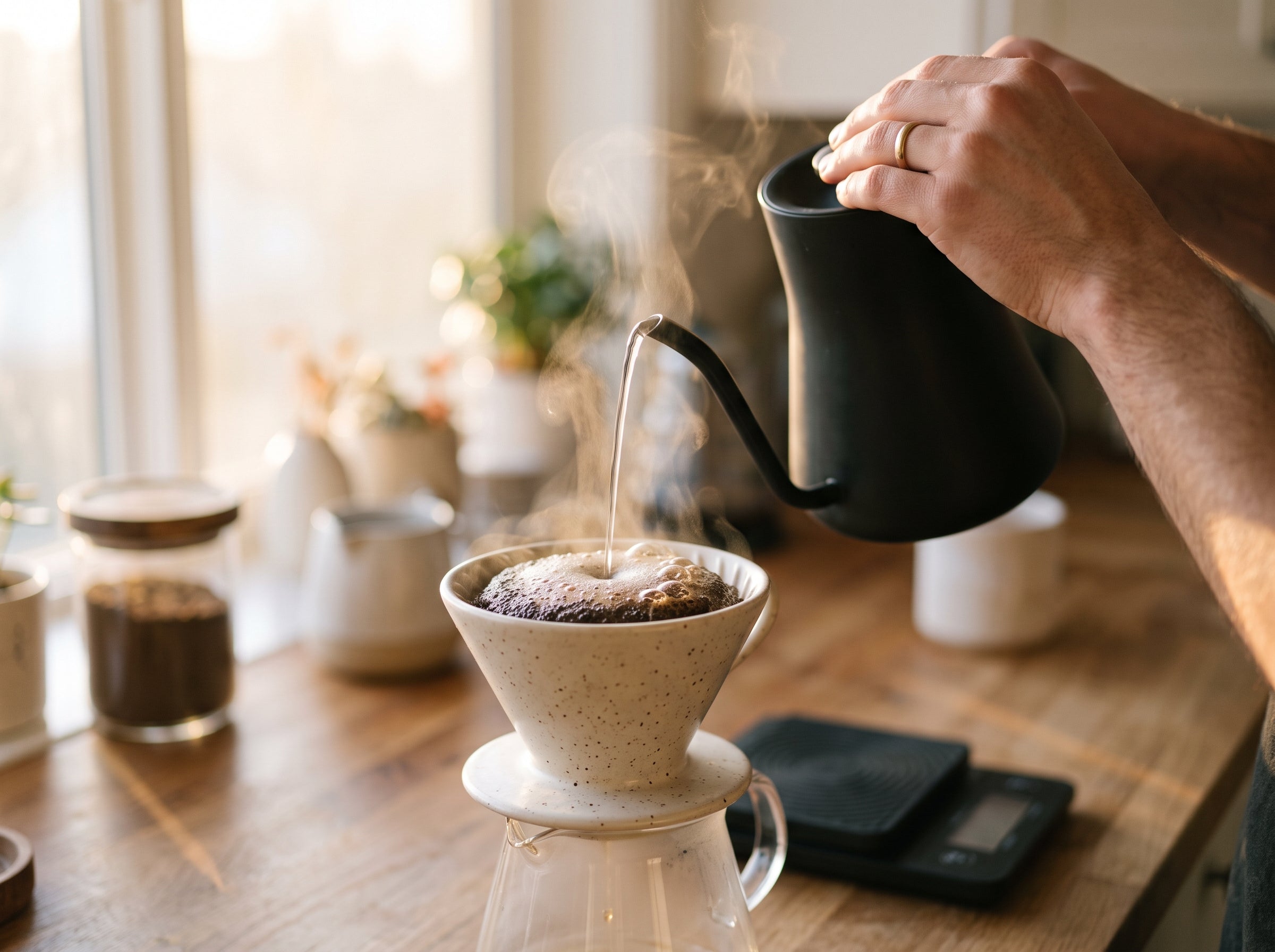 Pour-Over Kaffeezubereitung im Morgenlicht