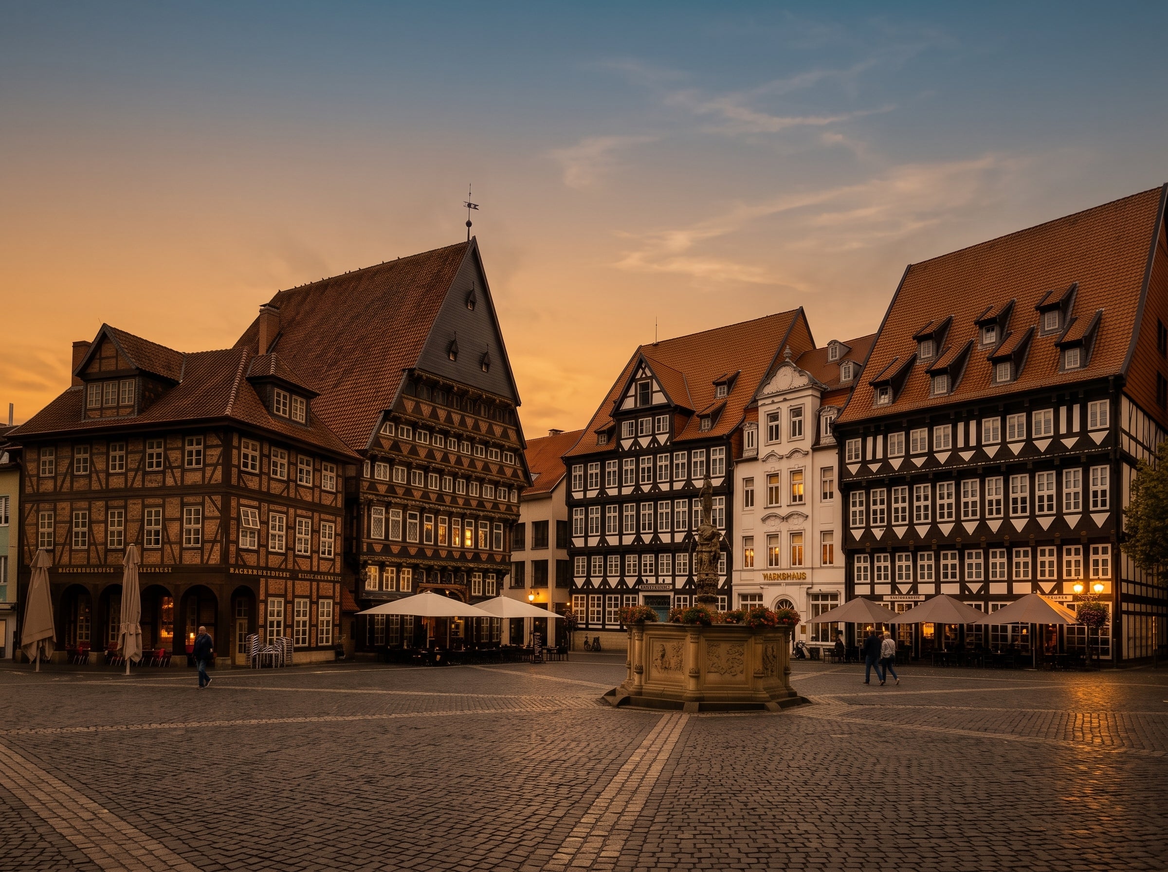 Fachwerkhäuser in Hildesheim am Abend