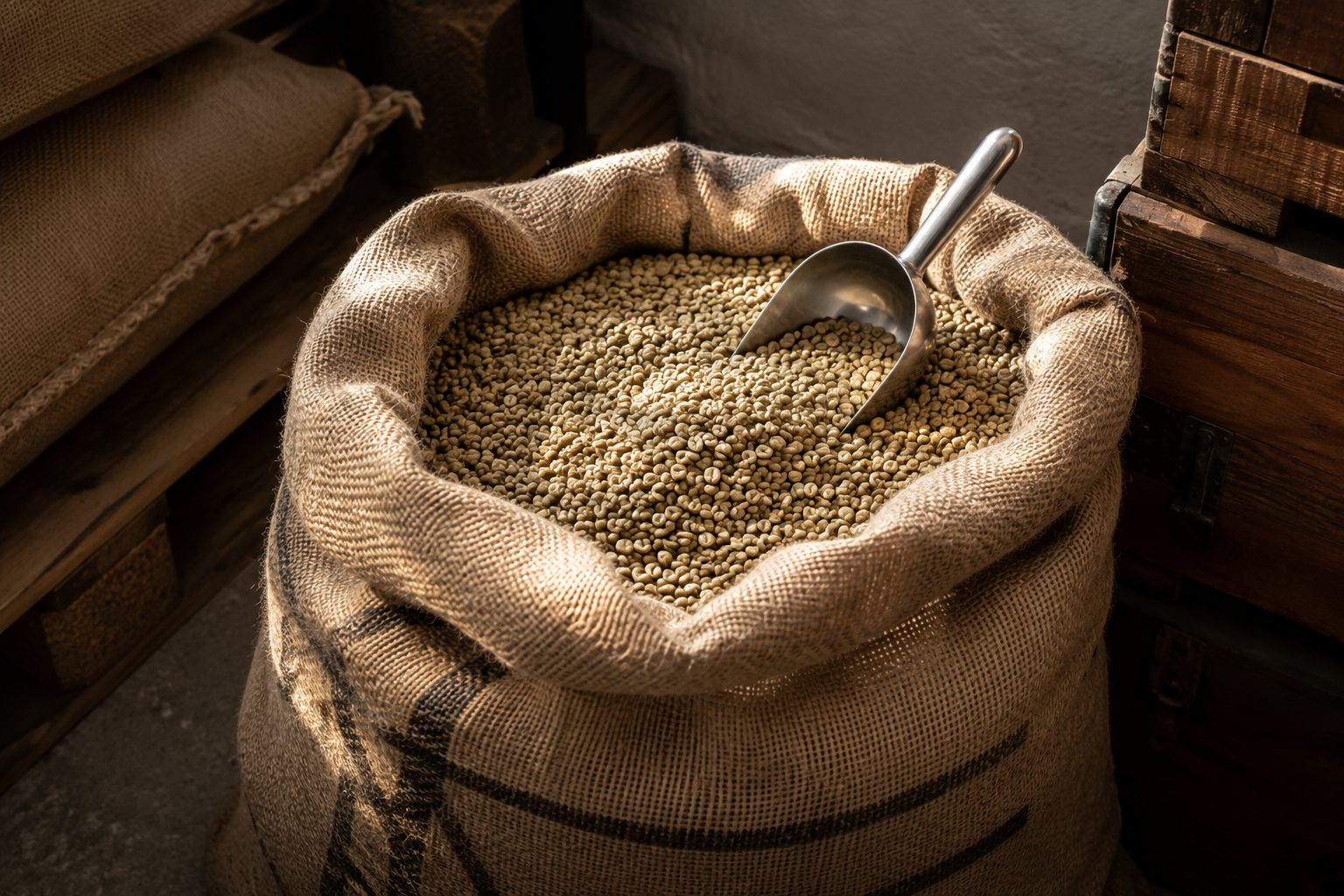 Grüner Rohkaffee im Jutesack
